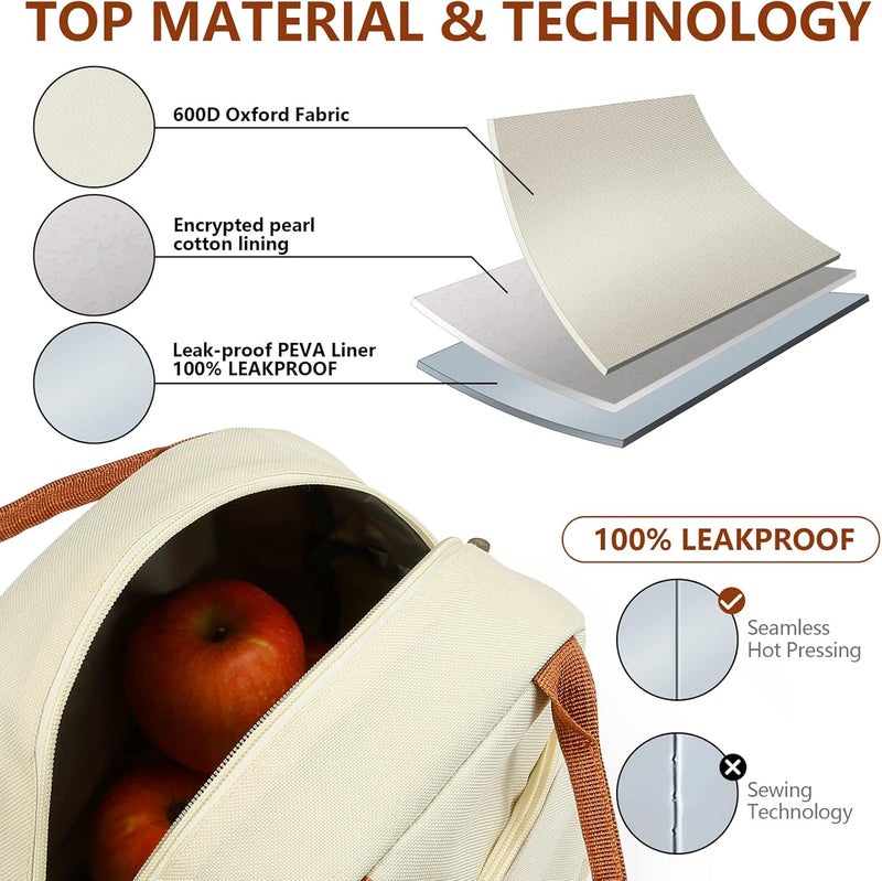 DIRGEE Insulated Lunch Bag For Women, Men Waterproof Cooler Bag Lunch Box For Women Portable Reusable Two-Tone,With Adjustable Straps Can Be Used For Work,White and Brown - Image 2